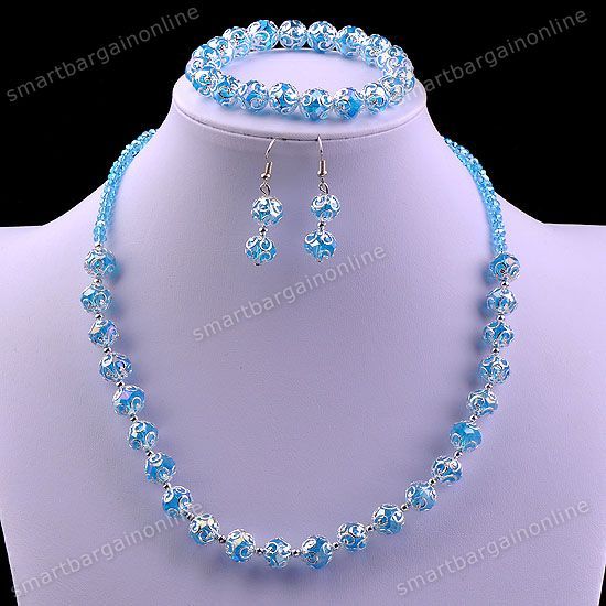 Set Lake Blue Crystal Glass Beads Cap Necklace Bracelet Women Earrings