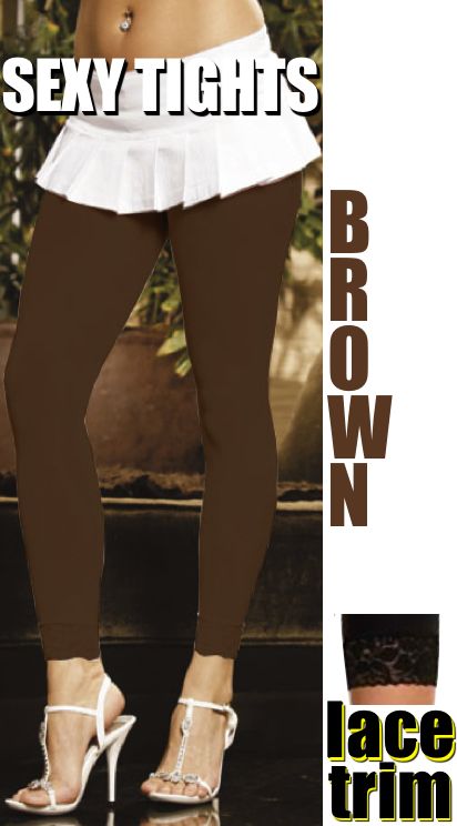 Brown Lace Trim Footless Long Tights Leggings Cropped