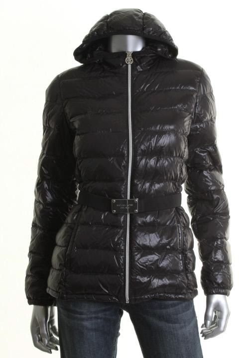 Michael Kors New Black Belted Hooded Zip Front Puffer Coat Jacket M