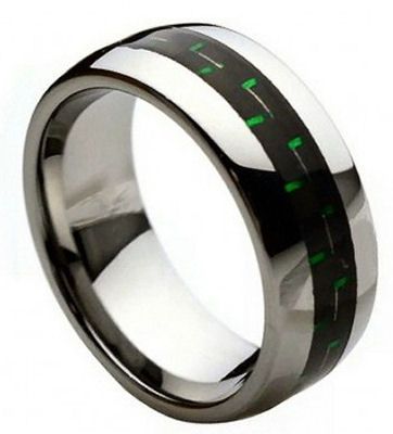 8mm Tungsten Ring Men Women Wedding Band w/ Black & Green Carbon Fiber