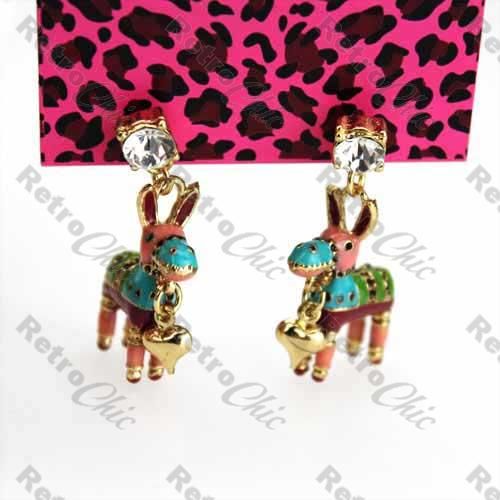 Mexican Pinata Betsey Johnson Donkey Earrings Crystal Stud Kitsch
