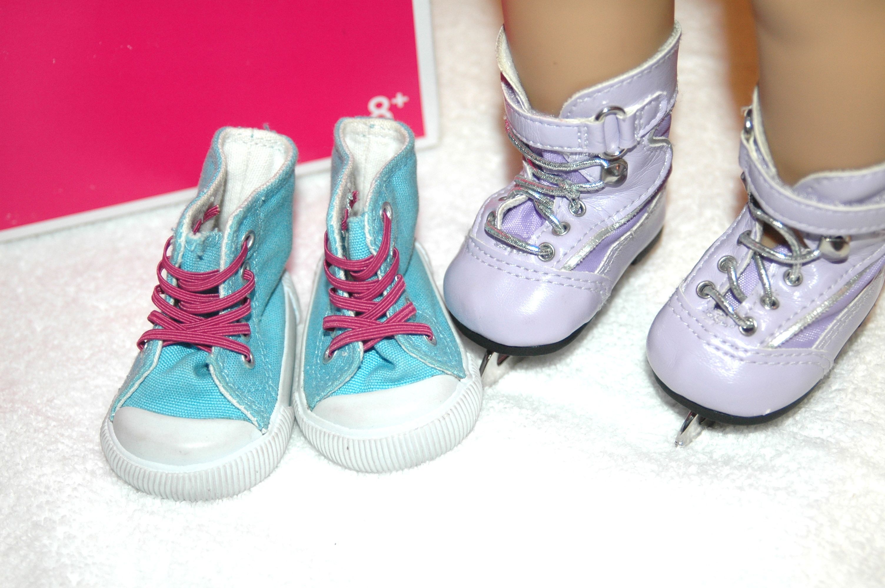 Mias Purple ice skates and Mias blue sneakers with pink laces 8