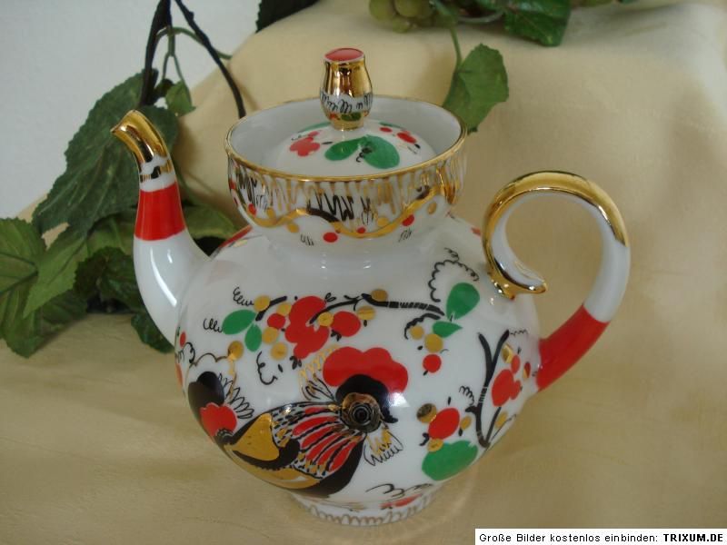 Lomonosov Russische Porzellan Teekanne Folk Rooster Made in Ussr